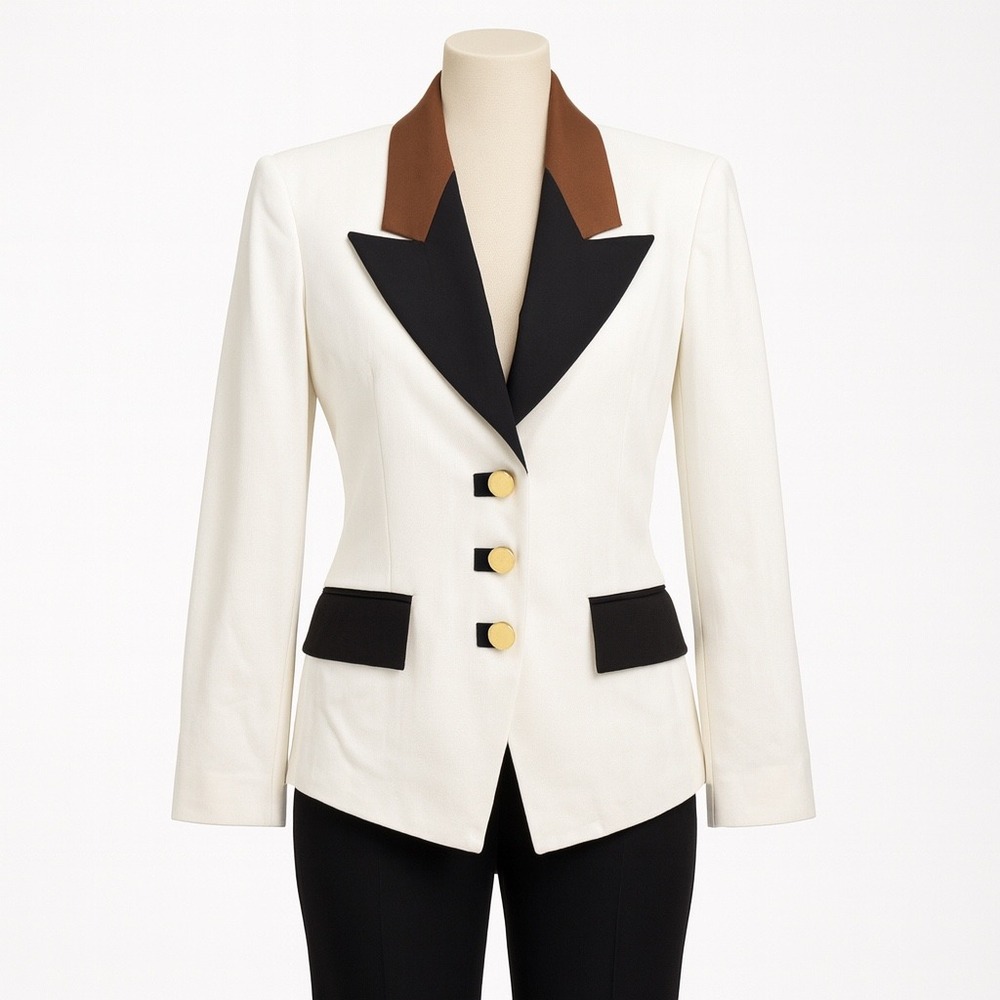 Sassco Blazer Women's Size 10 White Brown Black Gold‎ Buttoned Vintage Coat